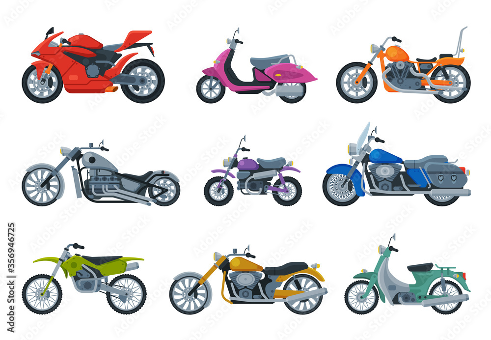 Obraz premium Kolekcja nowoczesnych i retro motocykli, transport pojazdów silnikowych, ilustracja wektorowa płaski widok z boku