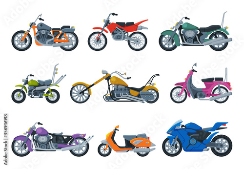 Modern and Retro Motorcycles and Scooters Collection, Motor Bike Vehicles, Side View Flat Vector Illustration