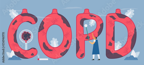 Chronic obstructive pulmonary disease or COPD. Lung have breathing problems and poor airflow. Vector illustration in flat design.