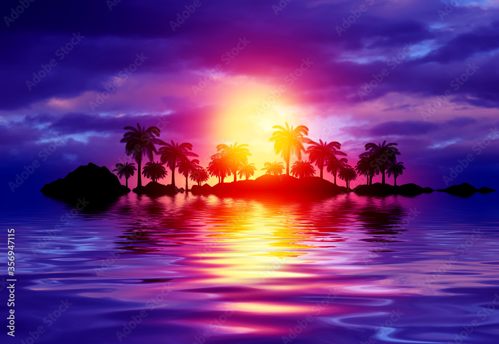 Empty tropical background of night sea beach. Silhouettes of tropical palm trees on a background of bright sunset. 3d illustration - obrazy, fototapety, plakaty 