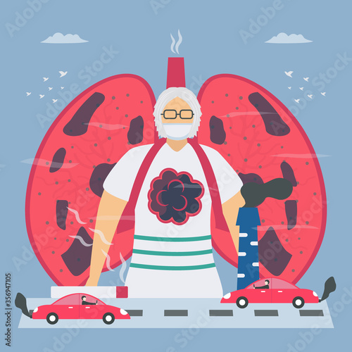 Air pollution and smoking are cause of chronic obstructive pulmonary disease or COPD. Lung have breathing problems and poor airflow. Vector illustration in flat design.