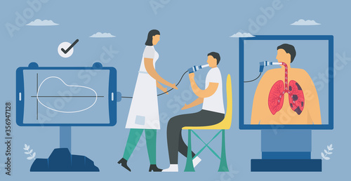 Spirometry is a test used to measure lung function. Chronic obstructive pulmonary disease causes breathing problems and poor airflow. Pulmonology vector illustration.