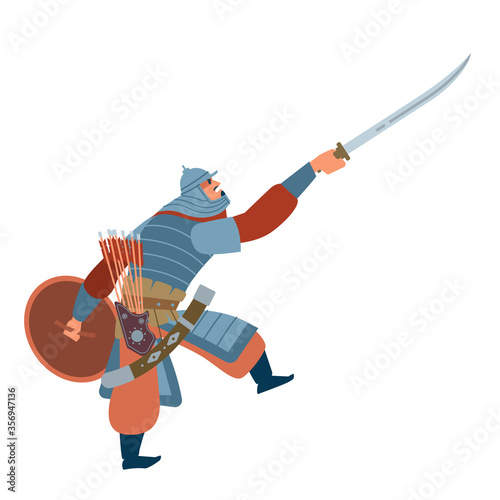Nomad mongol man in steppe holding sword attacking. Central Asian warrior, attack in battle. Isolated vector illustration in flat cartoon style.