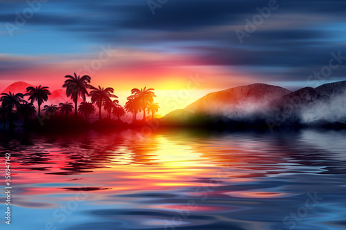 Empty tropical background of night sea beach. Silhouettes of tropical palm trees on a background of bright sunset. 3d illustration