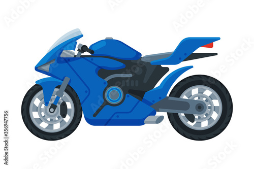 Modern Blue Motorcycle  Motor Vehicle Transport  Side View Flat Vector Illustration