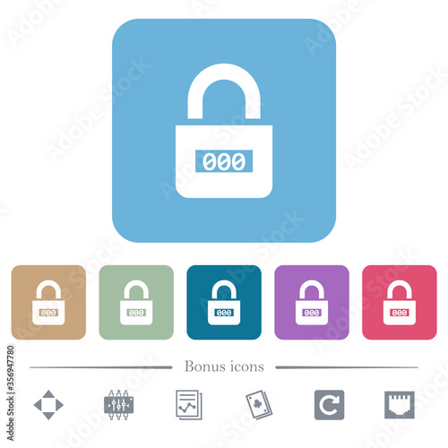 Locked combination lock with center numbers flat icons on color rounded square backgrounds