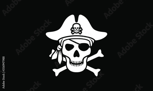 Symbol Jolly Roger. Pirate flag with white skull and bones isolated on black background. Sign skull in bandana and pirate hat. Vector illustration