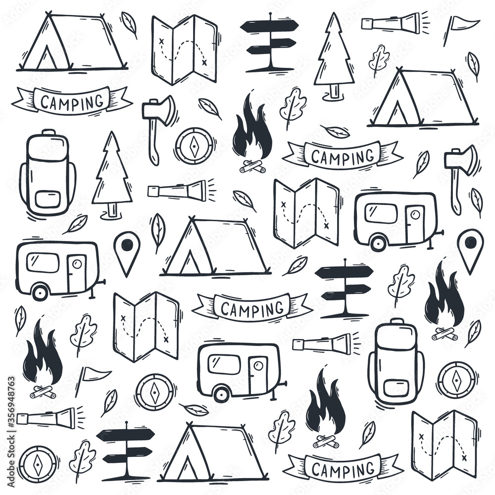 Summer camp. Camping hand draw doodle background. Vector illustration ...
