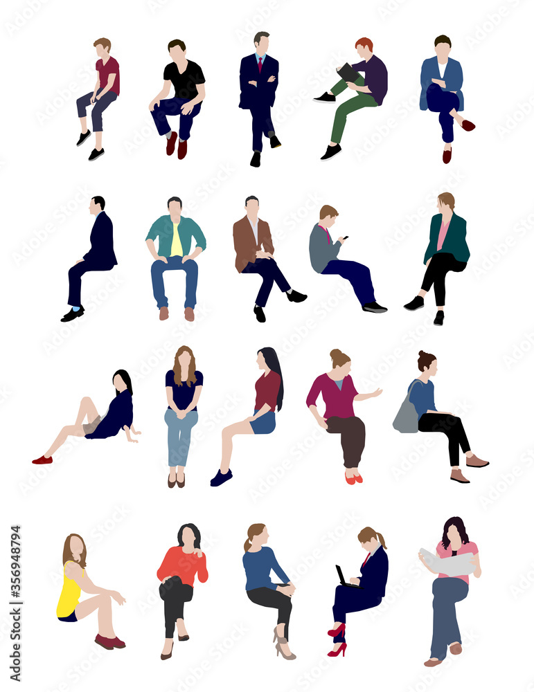 Sitting people flat vector illustration set