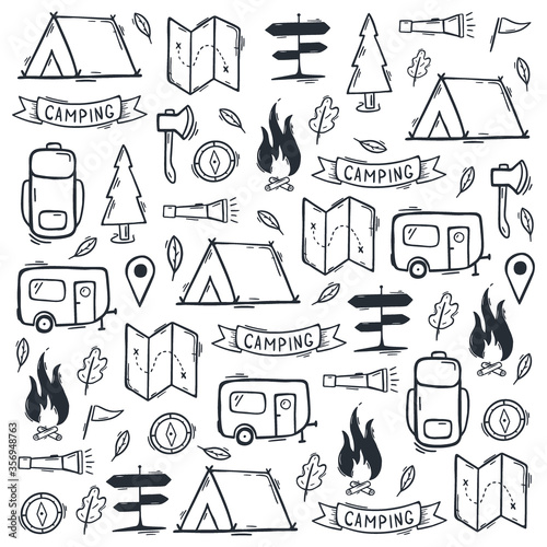 Summer camp. Camping hand draw doodle background. Vector illustration.