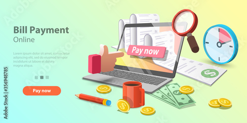 3d Vector concept illustration of bills online payment, secure mobile transaction, electronic shopping and banking. Template for website landing page.