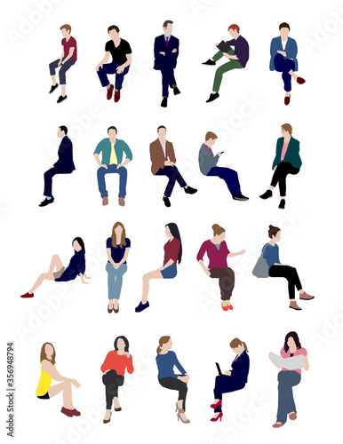 Sitting people flat vector illustration set