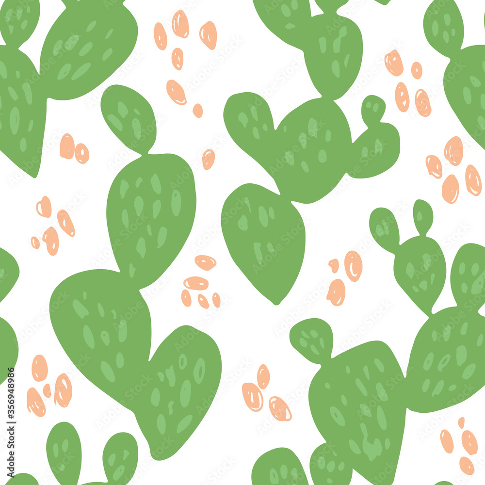 Minimal summer trendy vector tile seamless pattern in scandinavian style. Beaver tail cactus Opuntia Basilaris with abstract dots elements. Textile fabric wrapping graphic design for print.