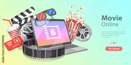 3d Mobile movie theater, online cinema watching, cinematography and filmmaking, ticket ordering. Vector template for web banner or website landing page.