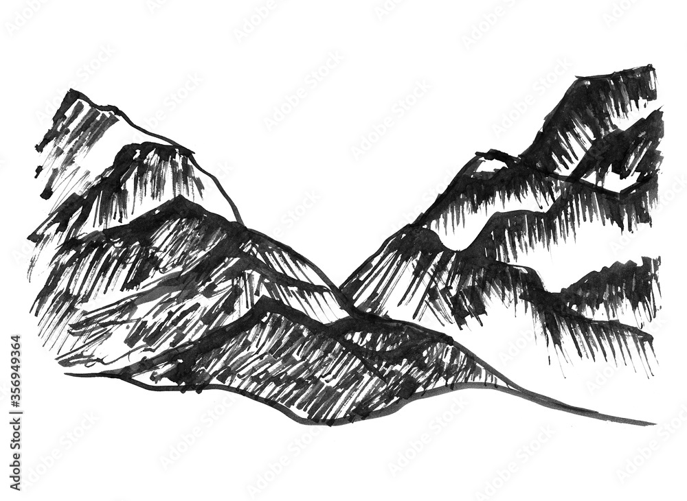 Black grunge mountains at the edges with empty space in the center (for text). Raster illustration of hills crossing each other. Ink mountains drawing