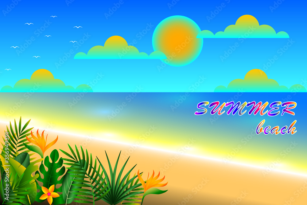 Sunset time on the summer beach with tropical leaves. free vector illustration Sunset time on the summer beach with tropical leaves. free vector illustration