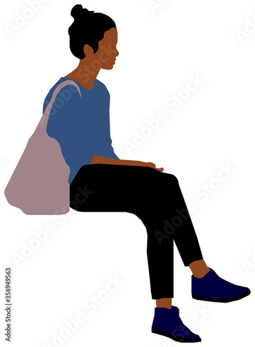 Sitting female person flat vector illustration (Black people)