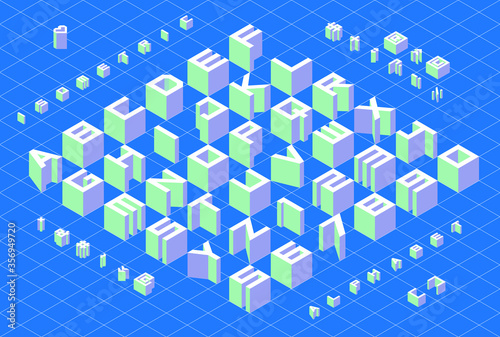 Isometric 3d type font set. Alphabet, numbers and symbols. Vector illustration