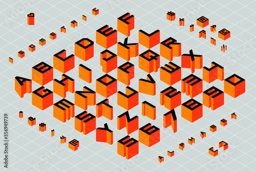 Isometric 3d type font set. Alphabet, numbers and symbols. Vector illustration