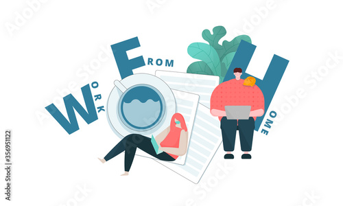 Woman wear mask using laptop and man with a cat working at home. Work from home during outbreak of the coronavirus (COVID-19) disease. Concept for stay home on quarantine to avoid virus pandemic.