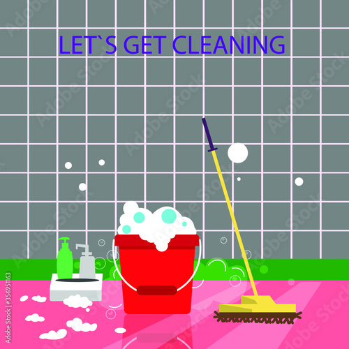 Cleaning vector illustration. Professional hygiene service for domestic households. Sanitary chemical products for laundry, floor, kitchen and toilet.