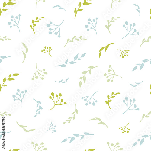 Floral vector seamless pattern. Blue and green leaves on white background. Abstract floral pattern. Vector illustration. Simple design for fabric, wallpaper, scrapbooking, textile, wrapping paper