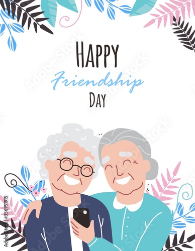 Portrait of smiling old womens. Happy friends holding each other. Happy friendship day. Old people with smartphone