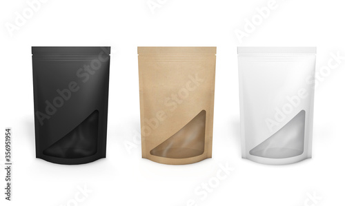 Empty kraft paper packs with triangular window isolated on white. 3D rendering