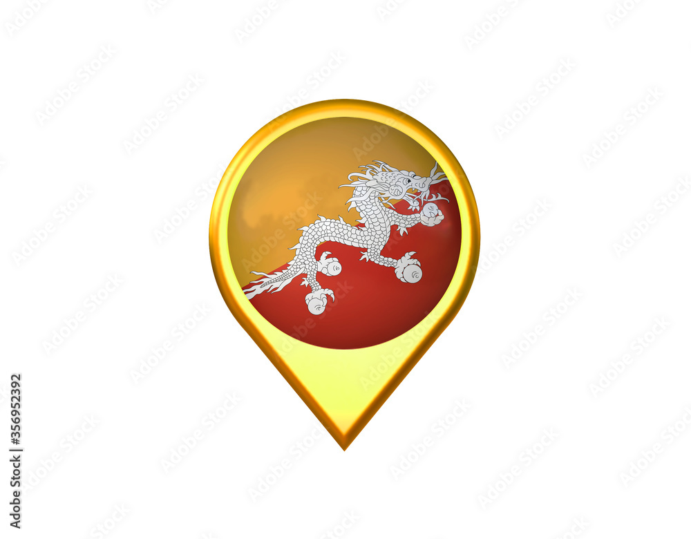 Bhutan flag location marker icon. Isolated on white background. 3D illustration, 3D rendering Bhutan flag location marker icon. Isolated on white background. 3D illustration, 3D rendering