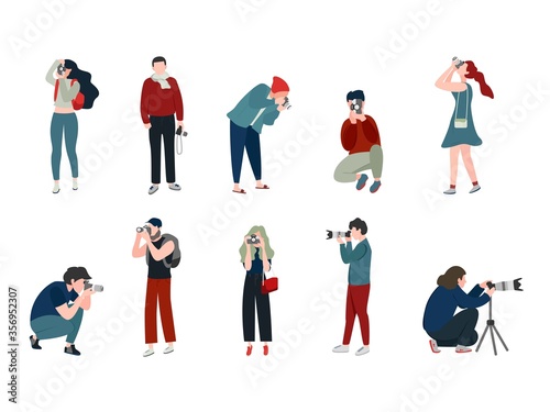 Set of different photographer holding camera, shooting and photographing. Vector illustration.