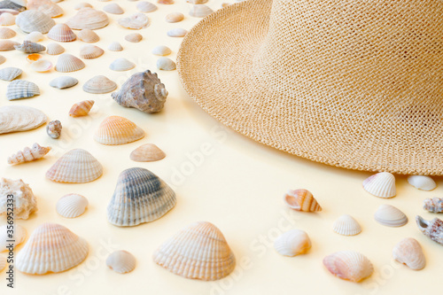 Beautiful straw hat with shells on the ocean coast. Nature summer background.