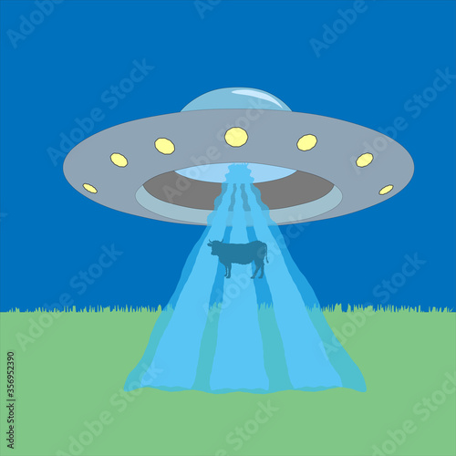 Vector illustration of a UFO abducts a cow