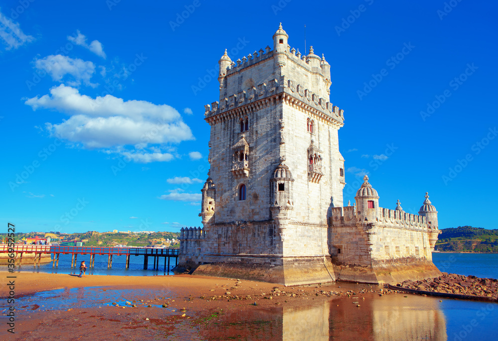 Famous medieval fortified tower in Lisbon , Belem fort attraction in Portugal 