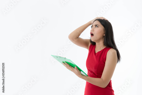 Young Asian beautiful business woman is touching her head and feels bored and stressed  want to find new jobs and hiring with isolated white background.