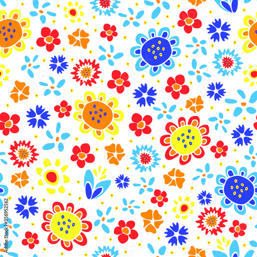 Seamless vector pattern with hand drawn flowers on white background. Beautiful hippy floral wallpaper design. Summer bloom vintage fashion fabric.
