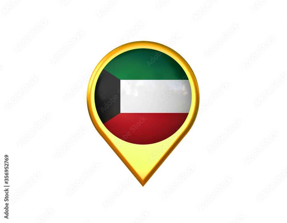 Kuwait flag location marker icon. Isolated on white background. 3D illustration, 3D rendering Kuwait flag location marker icon. Isolated on white background. 3D illustration, 3D rendering