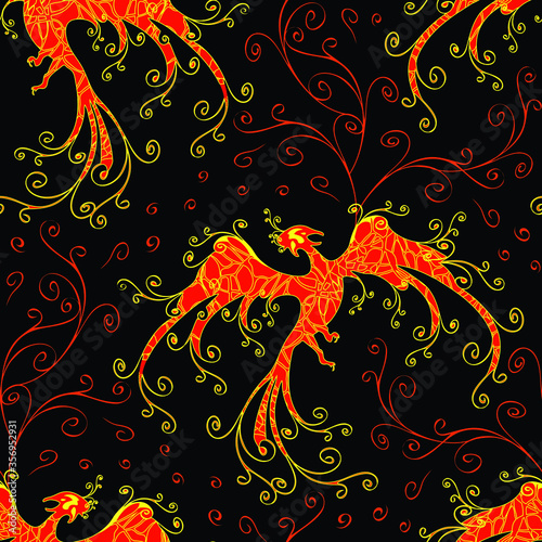 Seamless vector pattern with phoenix fire on black background. Mythical bird wallpaper design. Fire bird fashion fabric style.