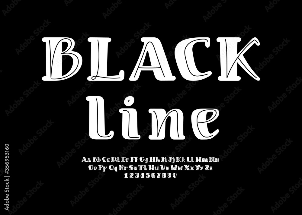 Fototapeta premium White rounded font with black line, alphabet in the cartoon style, uppercase and lowercase Latin letters from A to Z and Arab numbers from 0 to 9, vector illustration 10EPS