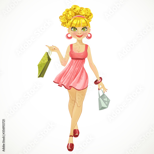 shopper woman in a pink dress isolated on a white background