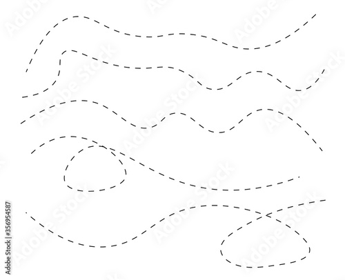 Path travel dotted line trip dashed trace transportation track and silhouette, travelling symbol vector illustration