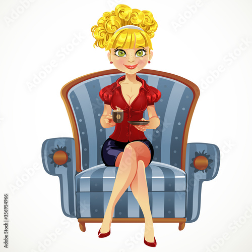 beautiful blond girl in blue armchair with cupof coffee
