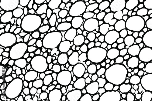 Grunge texture of round stones. Monochrome background of chaotic circles of different sizes, resembling a pebble surface. Overlay template. Vector illustration