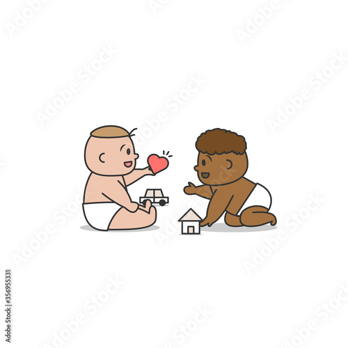White and black baby play together with innocencea and love  illustration cartoon vector design on white background. Racism concept.