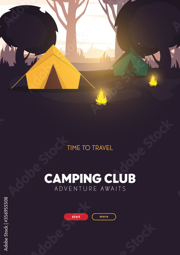 Summer camp. Travel and Adventure. Sunset in the forest. Climbing, Trekking, Hiking, Walking. Campfire Nature landscape.