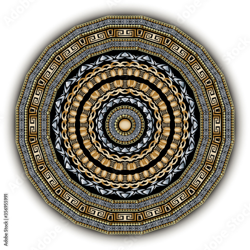 Greek gold silver 3d vector mandala pattern. Geometric ornamental luxury background. Beautiful modern greek key meander ornament. Ethnic tribal style design with frames  shapes  lines. Ornate texture