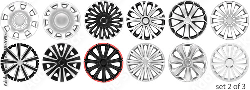 Sets wheels covers for car, different models. Three sets. Isolated on a white background.