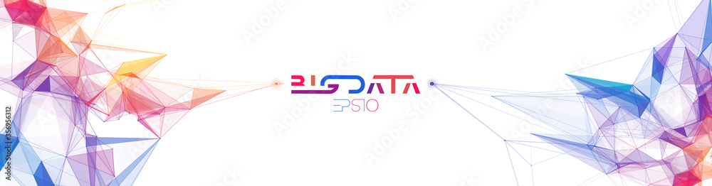 Fototapeta premium Big data web banner with colorful triangle particles. Information background with futuristic geometric triangle structure. Connection illustration vector abstract business wallpaper. Big data