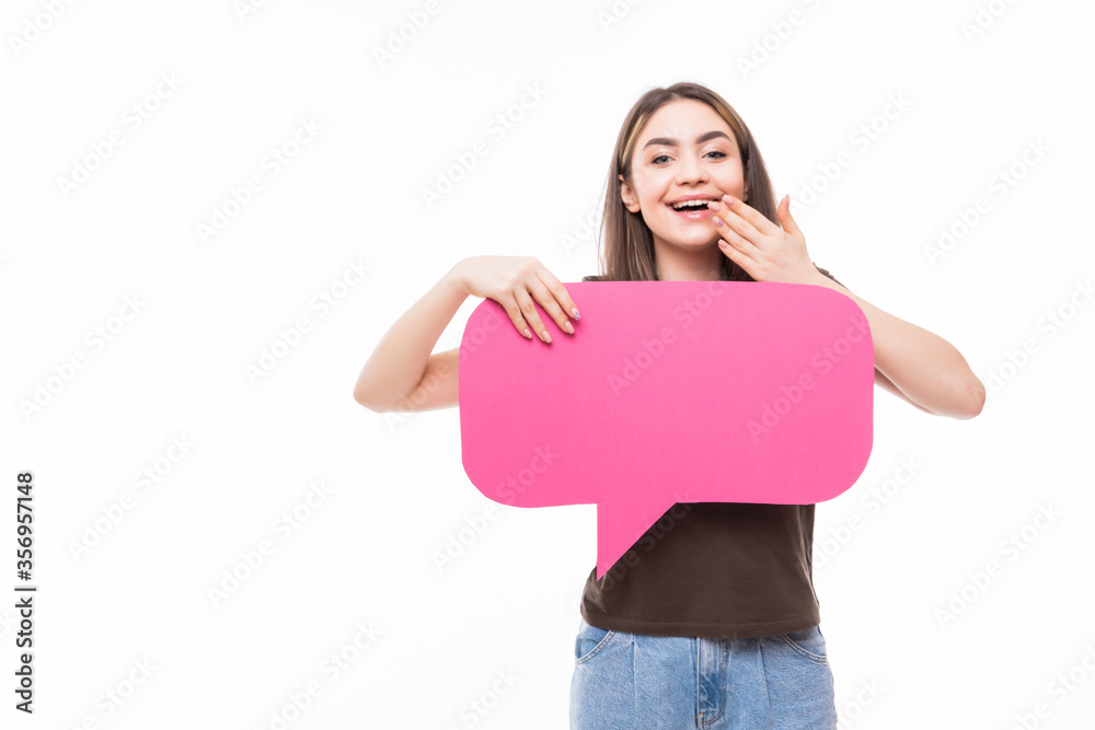 Portrait of a happy young woman holding empty speech bubble isolated over white background Portrait of a happy young woman holding empty speech bubble isolated over white background