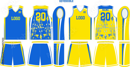 Reversible Basketball Uniform jersey shorts Custom Designs Front and back view sports uniforms Mock ups Templates illustrations Vectors