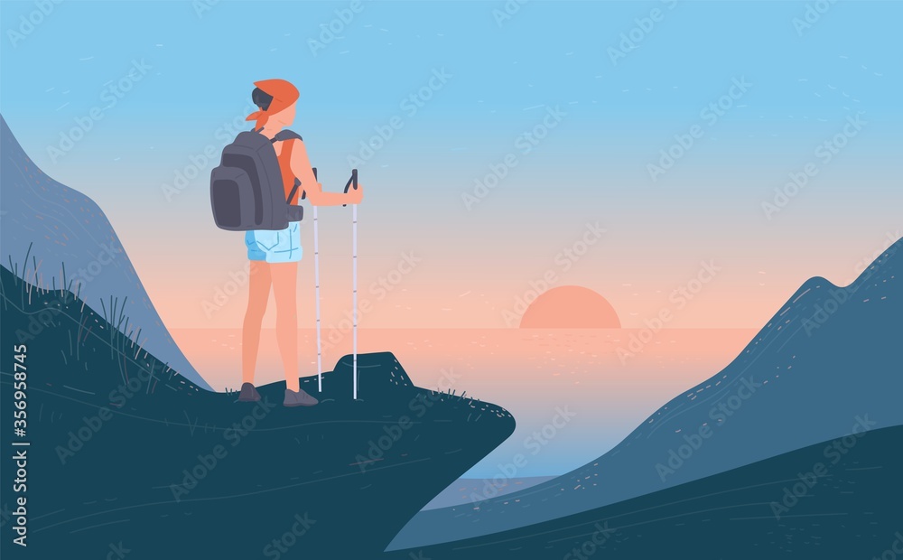 Woman with backpack standing his back of top mountain and looking on sea, sunrise. Concept of hiking, adventure tourism, travel and discovery. Explorer or traveller flat vector illustration. - obrazy, fototapety, plakaty 
